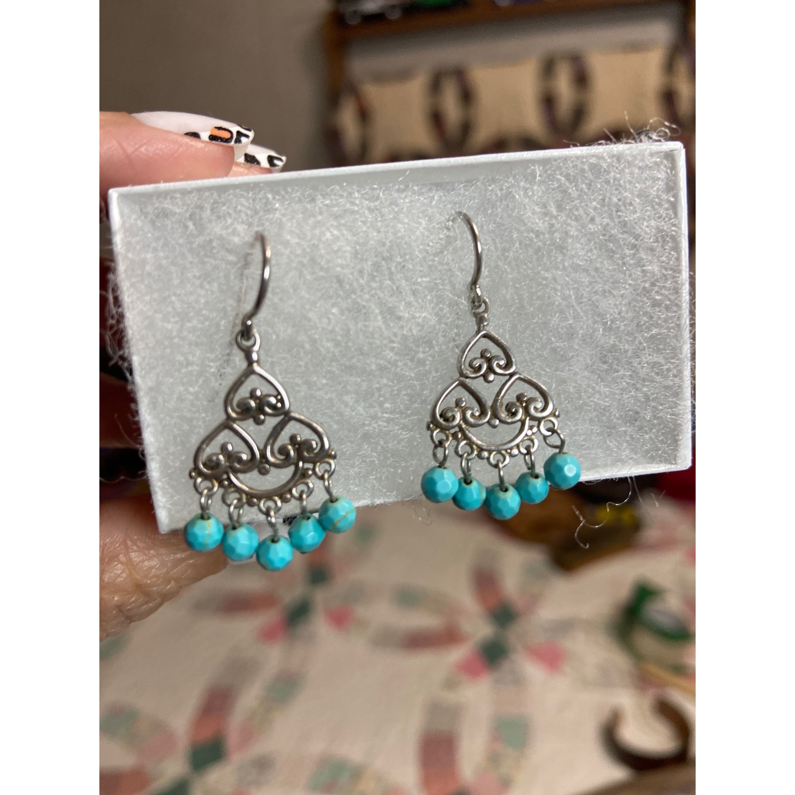 Sterling Silver 925 Turquoise Beaded Filigree Chandelier Drop Earrings Boho